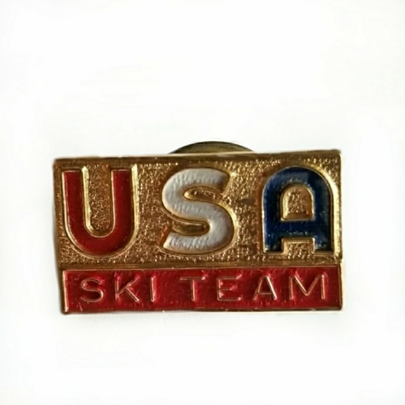 Vintage Jewelry - Relisted - Vintage USA Ski Team lapel pin US skiing gold tone brooch